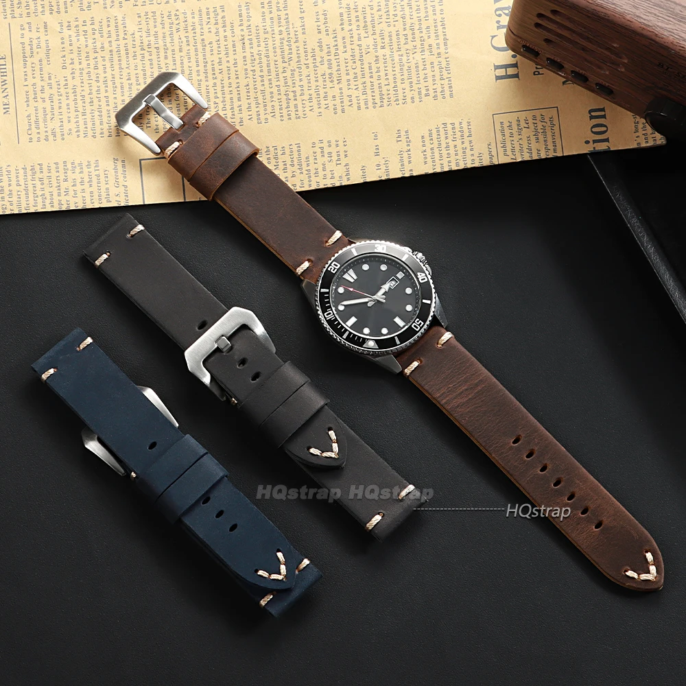 Vintage Crazy Horse Leather Watch Band Handmade Stitching Cowhide Strap for Panerai 18mm 20mm 22mm 24mm 26 Smartwatch Wristband