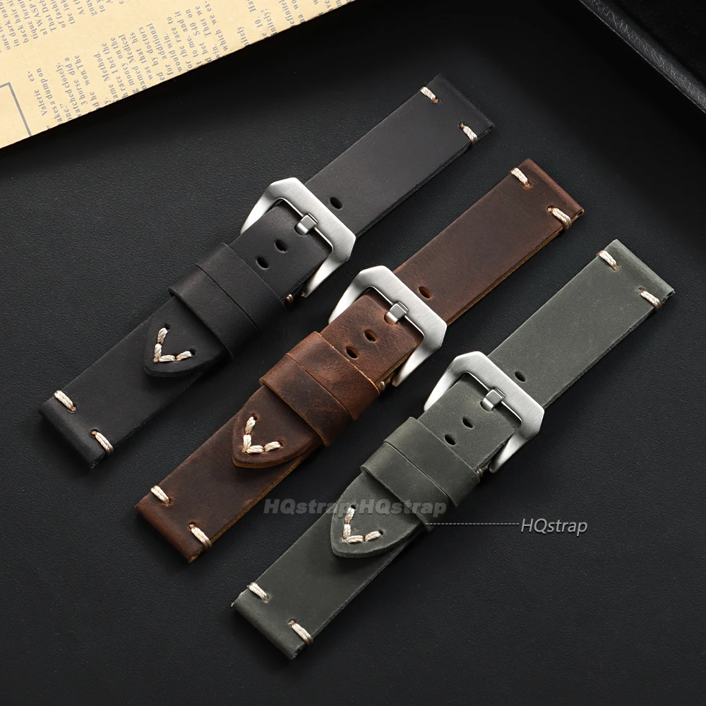 Vintage Crazy Horse Leather Watch Band Handmade Stitching Cowhide Strap for Panerai 18mm 20mm 22mm 24mm 26 Smartwatch Wristband