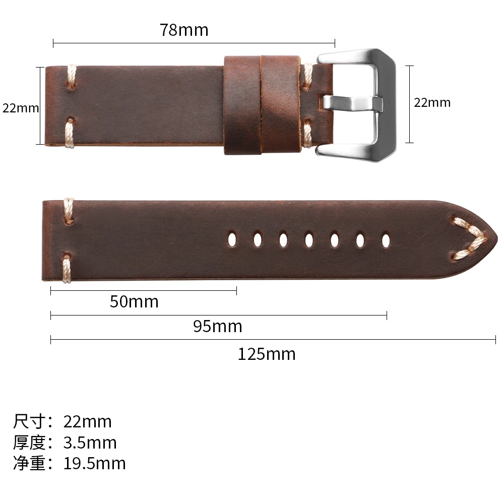 Vintage Crazy Horse Leather Watch Band Handmade Stitching Cowhide Strap for Panerai 18mm 20mm 22mm 24mm 26 Smartwatch Wristband