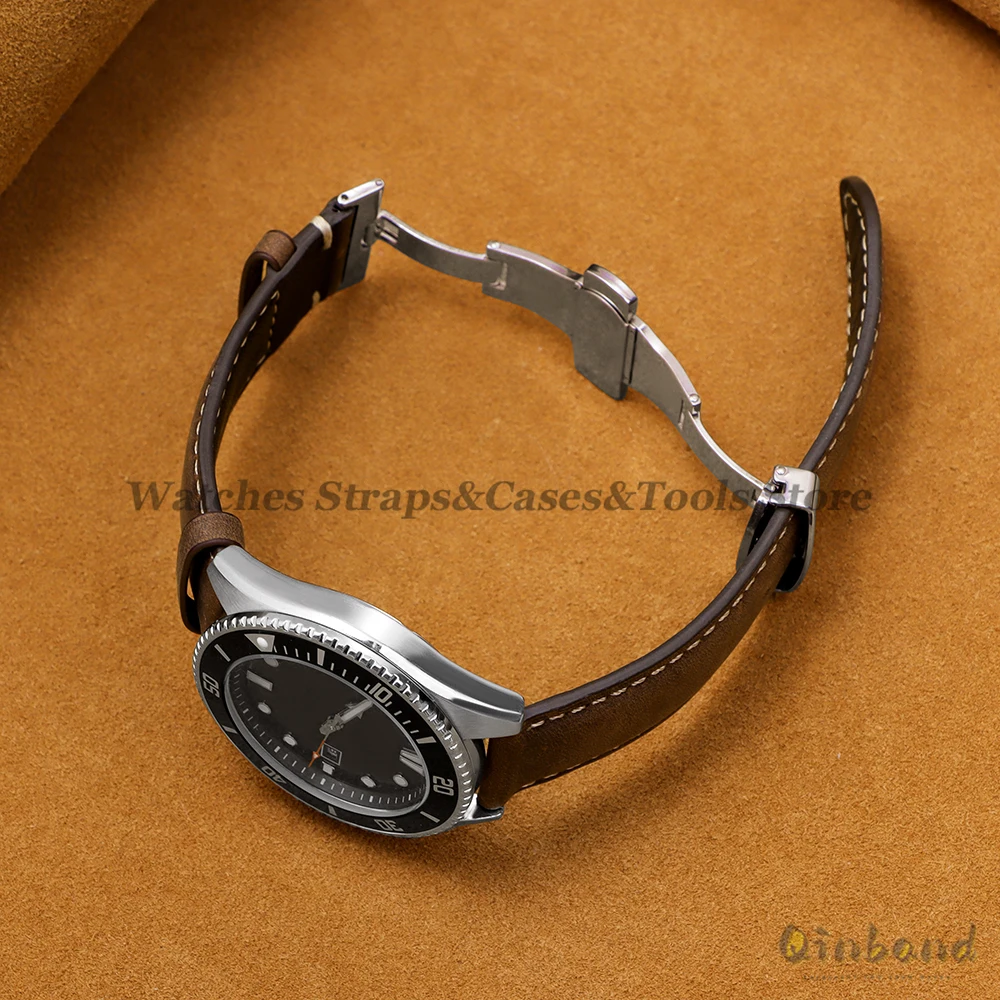 Genuine Cowhide Leather Band for Omega Business Watch Band for Seiko 14/16/18/20/22/24mm Butterfly Buckle Stitching Brown Straps