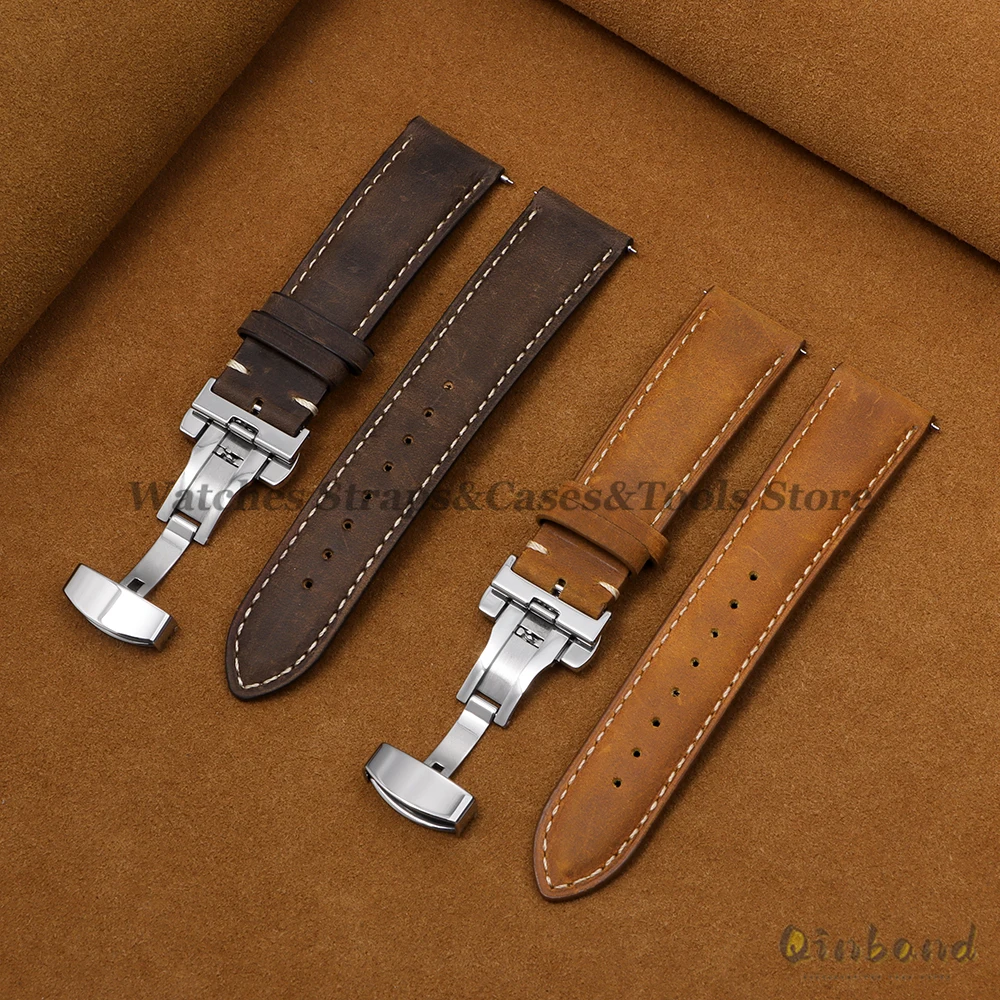 Genuine Cowhide Leather Band for Omega Business Watch Band for Seiko 14/16/18/20/22/24mm Butterfly Buckle Stitching Brown Straps