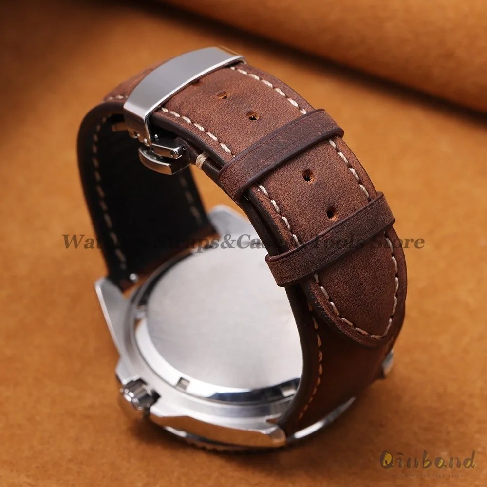 Genuine Cowhide Leather Band for Omega Business Watch Band for Seiko 14/16/18/20/22/24mm Butterfly Buckle Stitching Brown Straps