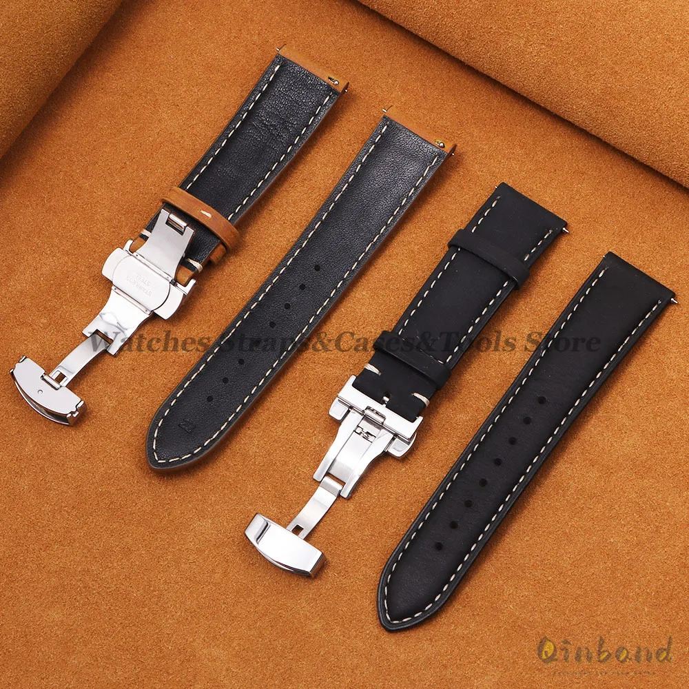 Genuine Cowhide Leather Band for Omega Business Watch Band for Seiko 14/16/18/20/22/24mm Butterfly Buckle Stitching Brown Straps