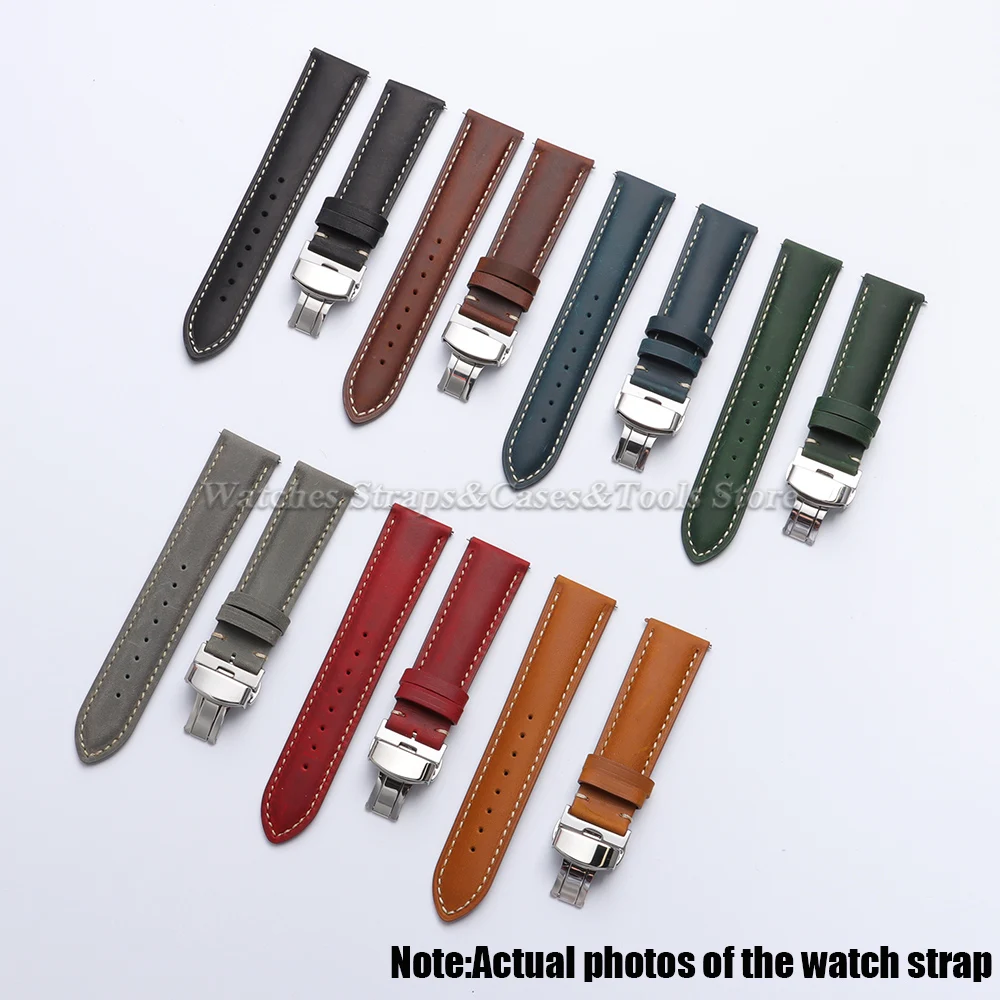 Genuine Cowhide Leather Band for Omega Business Watch Band for Seiko 14/16/18/20/22/24mm Butterfly Buckle Stitching Brown Straps