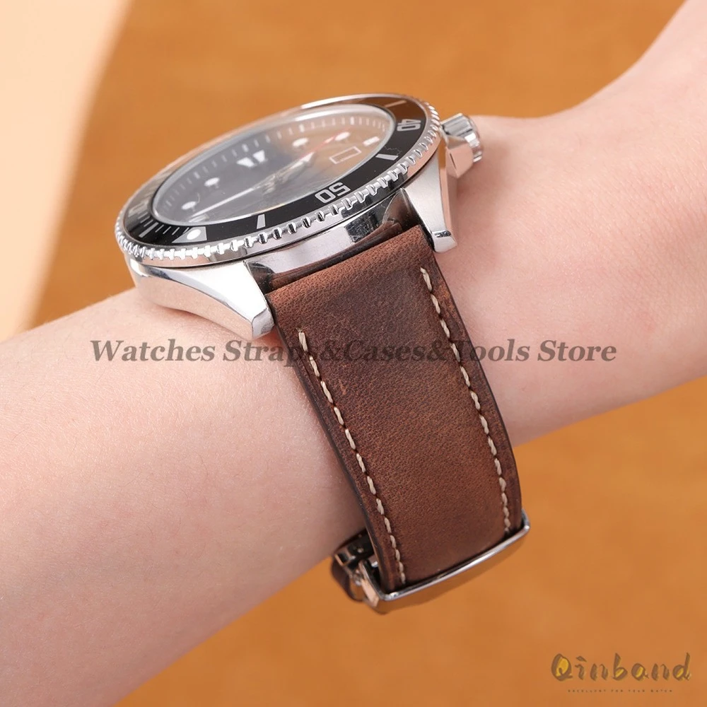 Genuine Cowhide Leather Band for Omega Business Watch Band for Seiko 14/16/18/20/22/24mm Butterfly Buckle Stitching Brown Straps