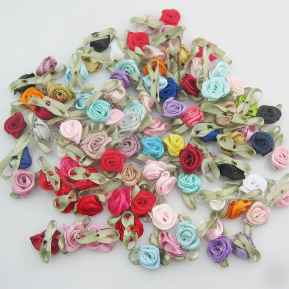 30 Colors For Choice 50Pcs Fashion Ribbon Rose Rosettes with Leaf Fabric Flowers Accessories DIY Crafts Sewing Supplies