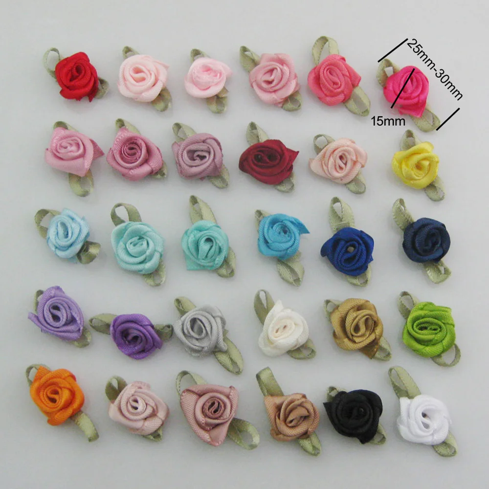 30 Colors For Choice 50Pcs Fashion Ribbon Rose Rosettes with Leaf Fabric Flowers Accessories DIY Crafts Sewing Supplies