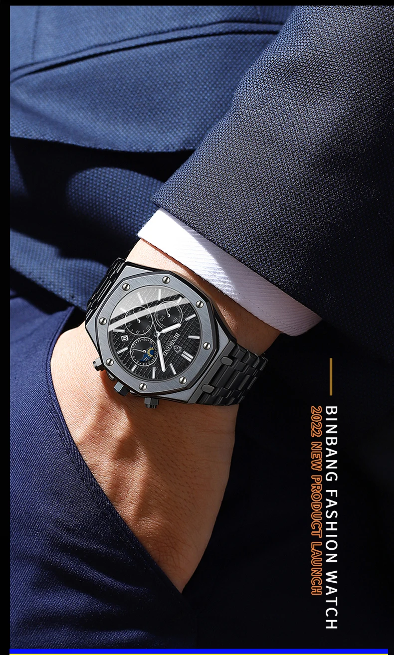 BINBOND Quality Men Watch Luxury High Man Quartz Wristwatch Waterproof Luminous Date Stainless Steel Men's Watches Casual Clock