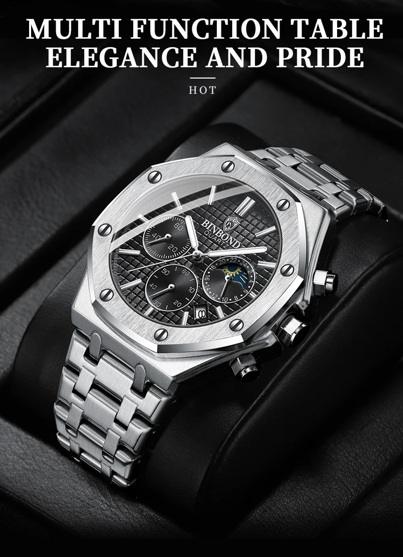 BINBOND Quality Men Watch Luxury High Man Quartz Wristwatch Waterproof Luminous Date Stainless Steel Men's Watches Casual Clock