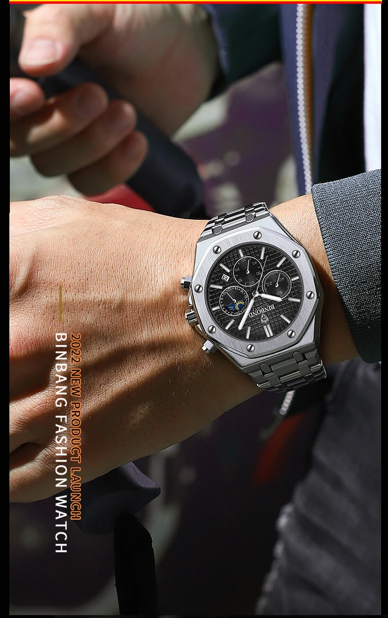 BINBOND Quality Men Watch Luxury High Man Quartz Wristwatch Waterproof Luminous Date Stainless Steel Men's Watches Casual Clock