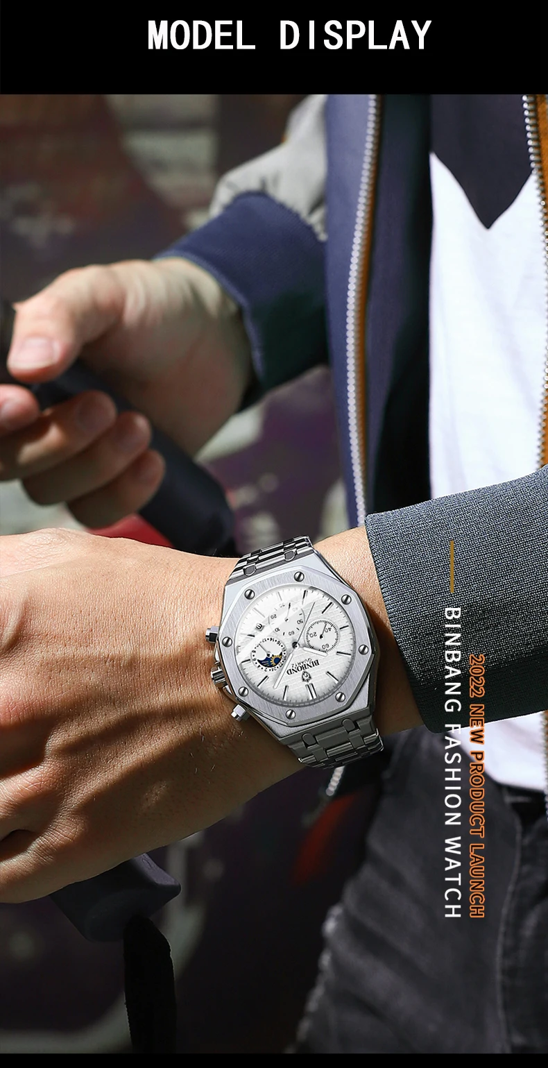 BINBOND Quality Men Watch Luxury High Man Quartz Wristwatch Waterproof Luminous Date Stainless Steel Men's Watches Casual Clock
