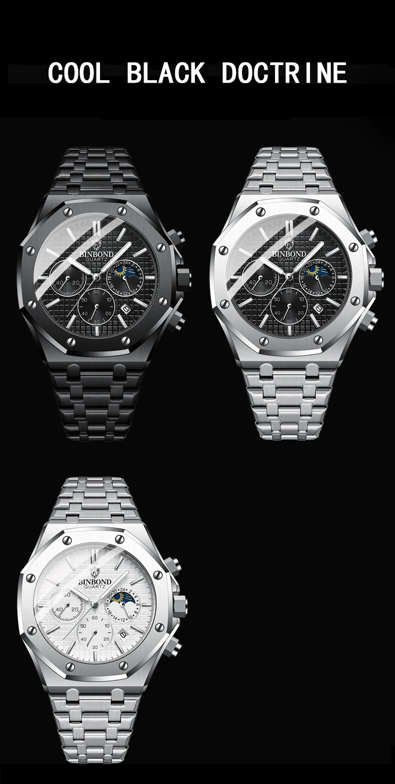 BINBOND Quality Men Watch Luxury High Man Quartz Wristwatch Waterproof Luminous Date Stainless Steel Men's Watches Casual Clock