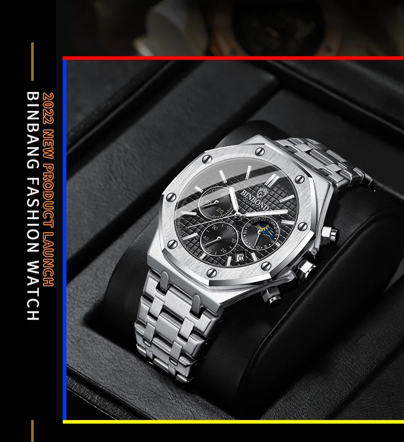 BINBOND Quality Men Watch Luxury High Man Quartz Wristwatch Waterproof Luminous Date Stainless Steel Men's Watches Casual Clock