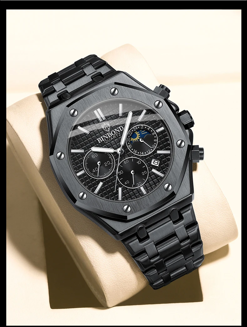 BINBOND Quality Men Watch Luxury High Man Quartz Wristwatch Waterproof Luminous Date Stainless Steel Men's Watches Casual Clock