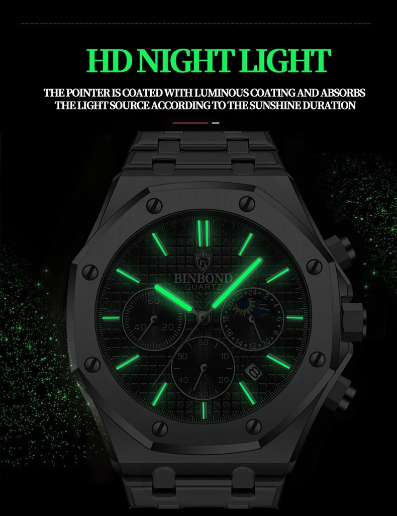 BINBOND Quality Men Watch Luxury High Man Quartz Wristwatch Waterproof Luminous Date Stainless Steel Men's Watches Casual Clock
