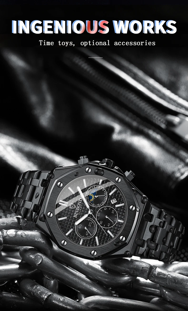 BINBOND Quality Men Watch Luxury High Man Quartz Wristwatch Waterproof Luminous Date Stainless Steel Men's Watches Casual Clock