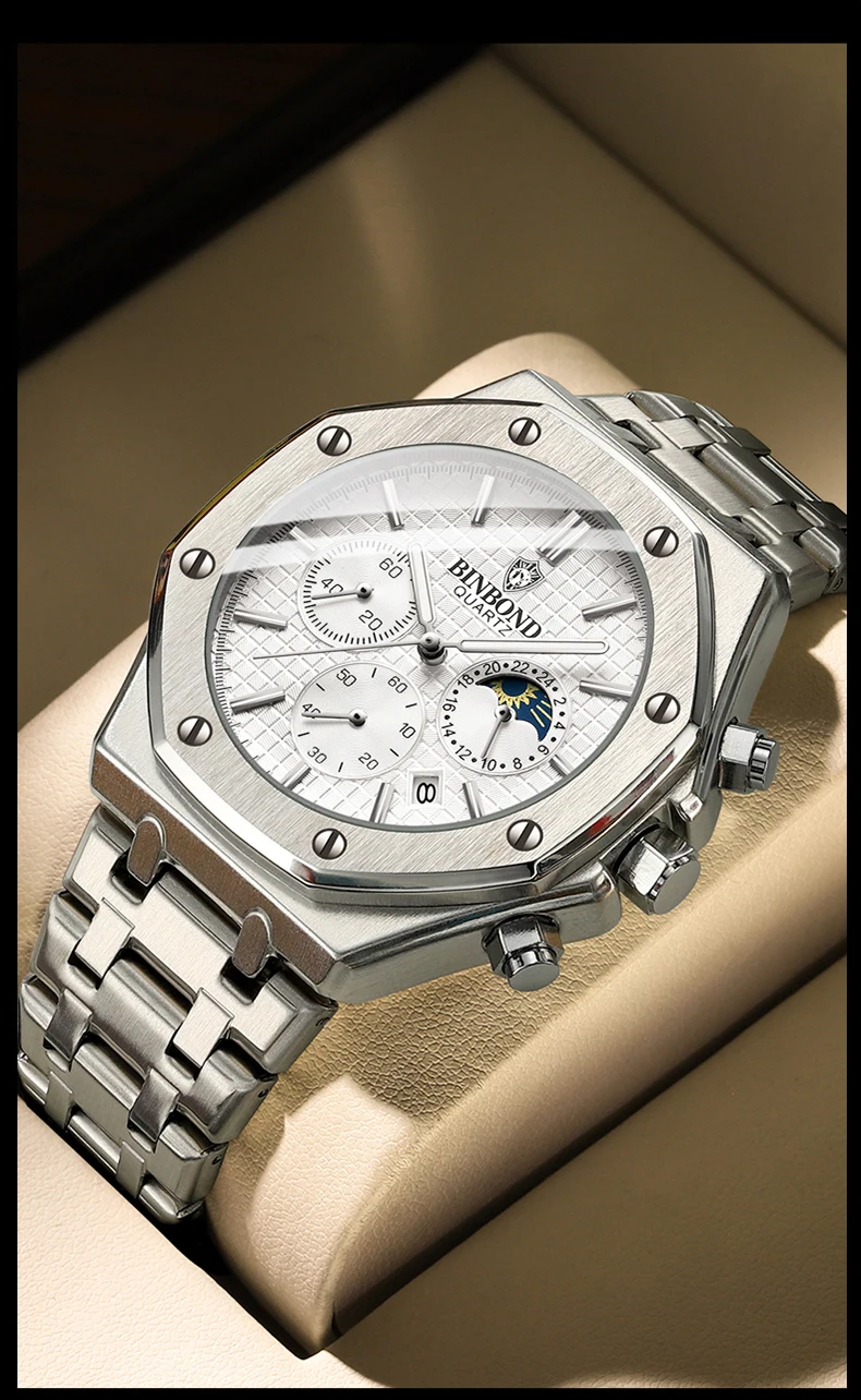 BINBOND Quality Men Watch Luxury High Man Quartz Wristwatch Waterproof Luminous Date Stainless Steel Men's Watches Casual Clock