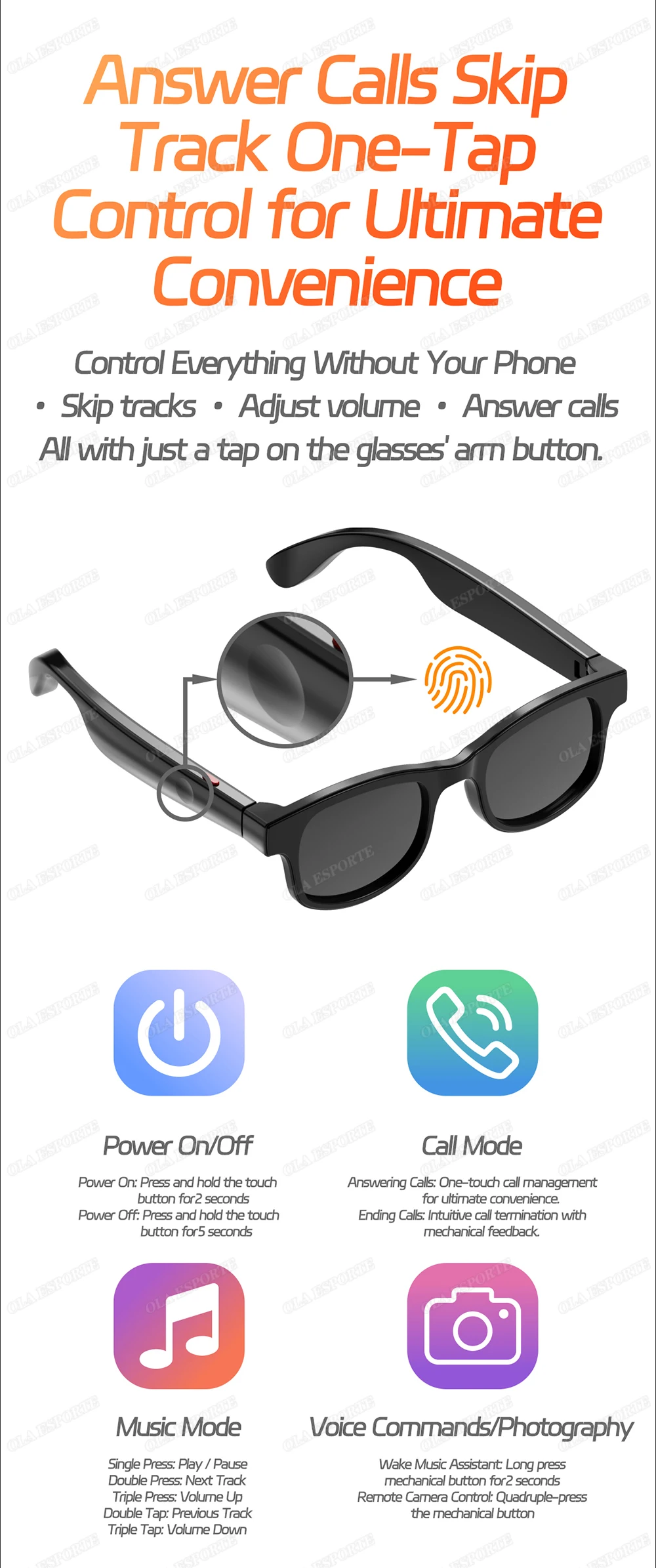 AI Smart Glasses Men Women Multifunction Touch Music Playback Remote Camera Control Voice Assistant BT Glasses Sunglasses HT30