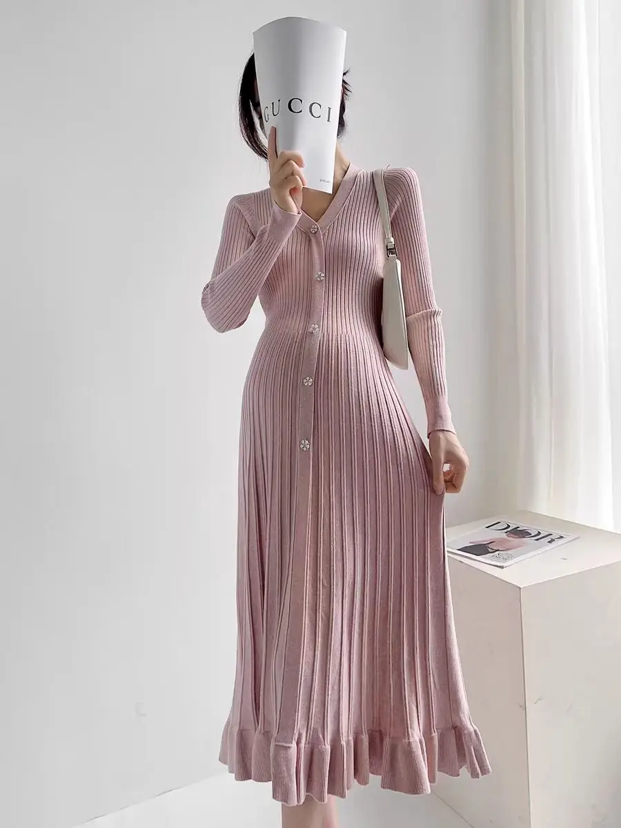 Pregnant Women's Fishtail Dress Autumn Winter Single Breasted V-neck Loose Maternity Pleated Dress Pregnancy Knitted Long Dress