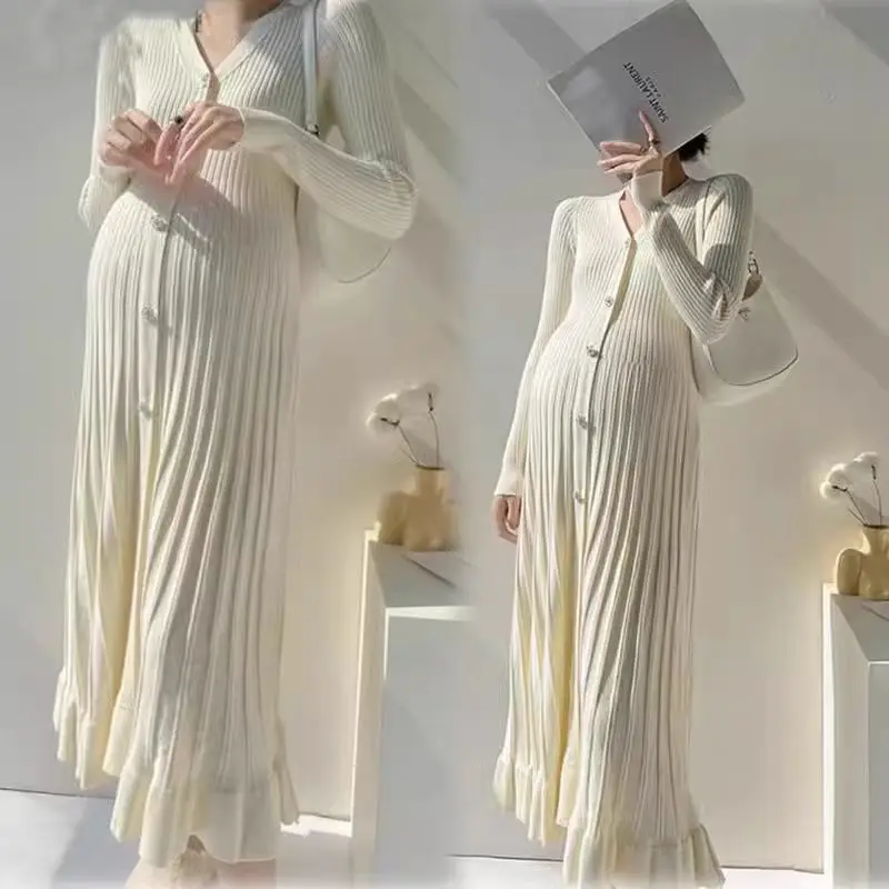 Pregnant Women's Fishtail Dress Autumn Winter Single Breasted V-neck Loose Maternity Pleated Dress Pregnancy Knitted Long Dress