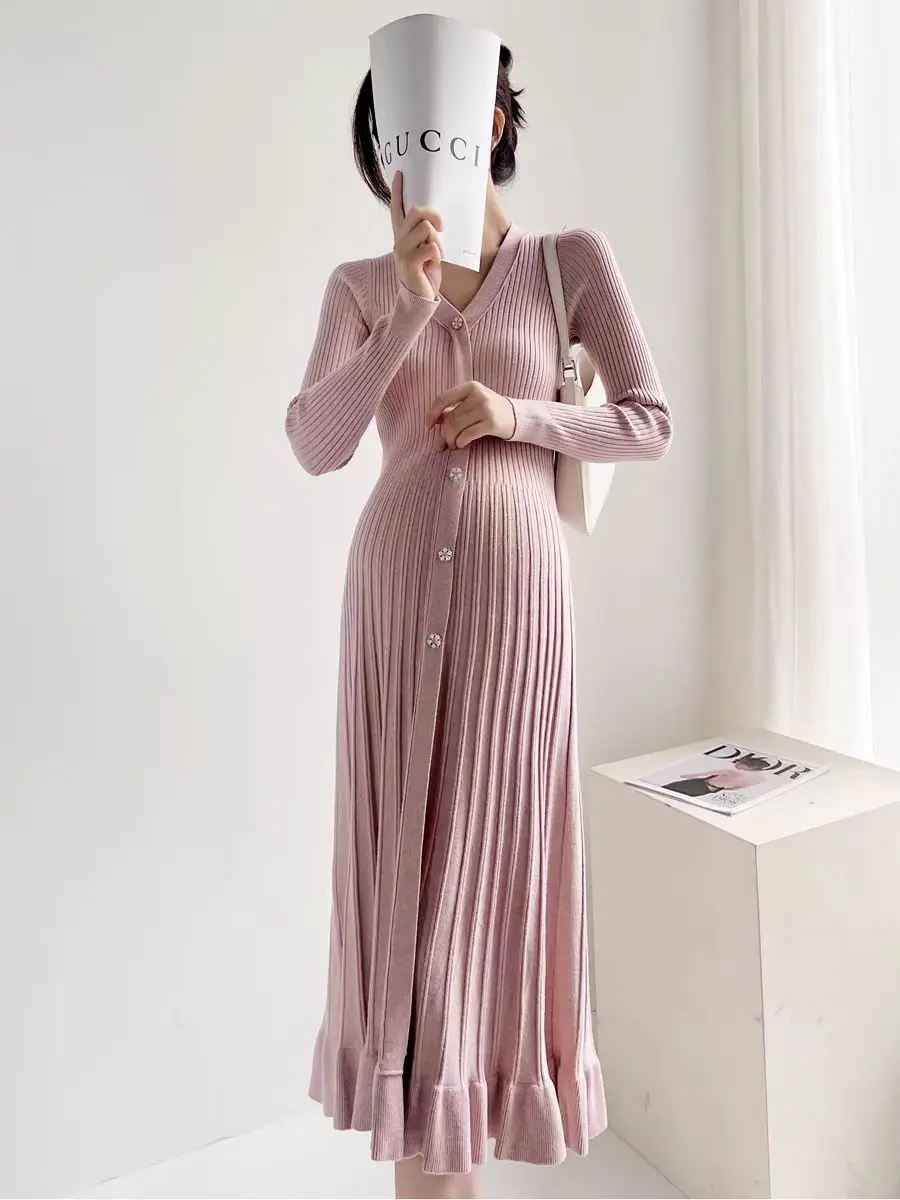 Pregnant Women's Fishtail Dress Autumn Winter Single Breasted V-neck Loose Maternity Pleated Dress Pregnancy Knitted Long Dress