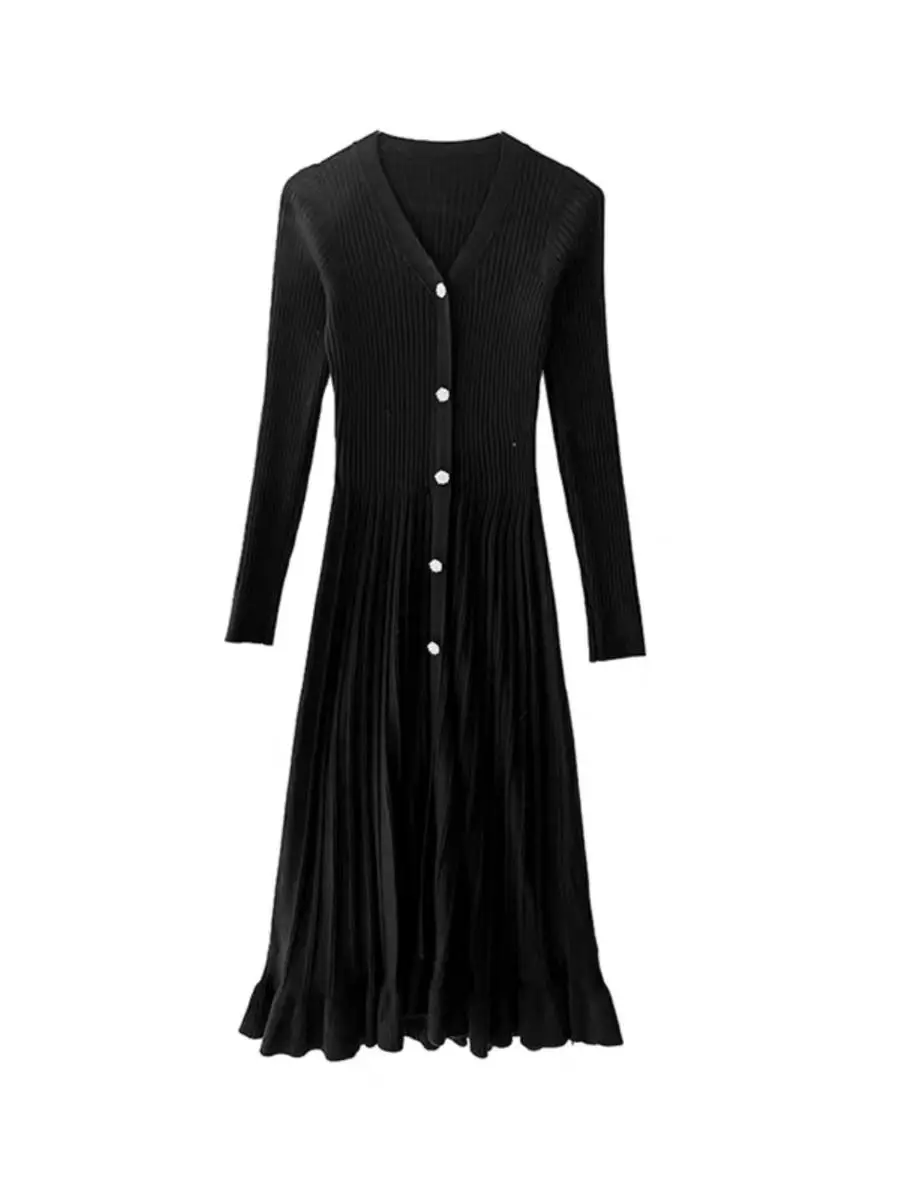 Pregnant Women's Fishtail Dress Autumn Winter Single Breasted V-neck Loose Maternity Pleated Dress Pregnancy Knitted Long Dress