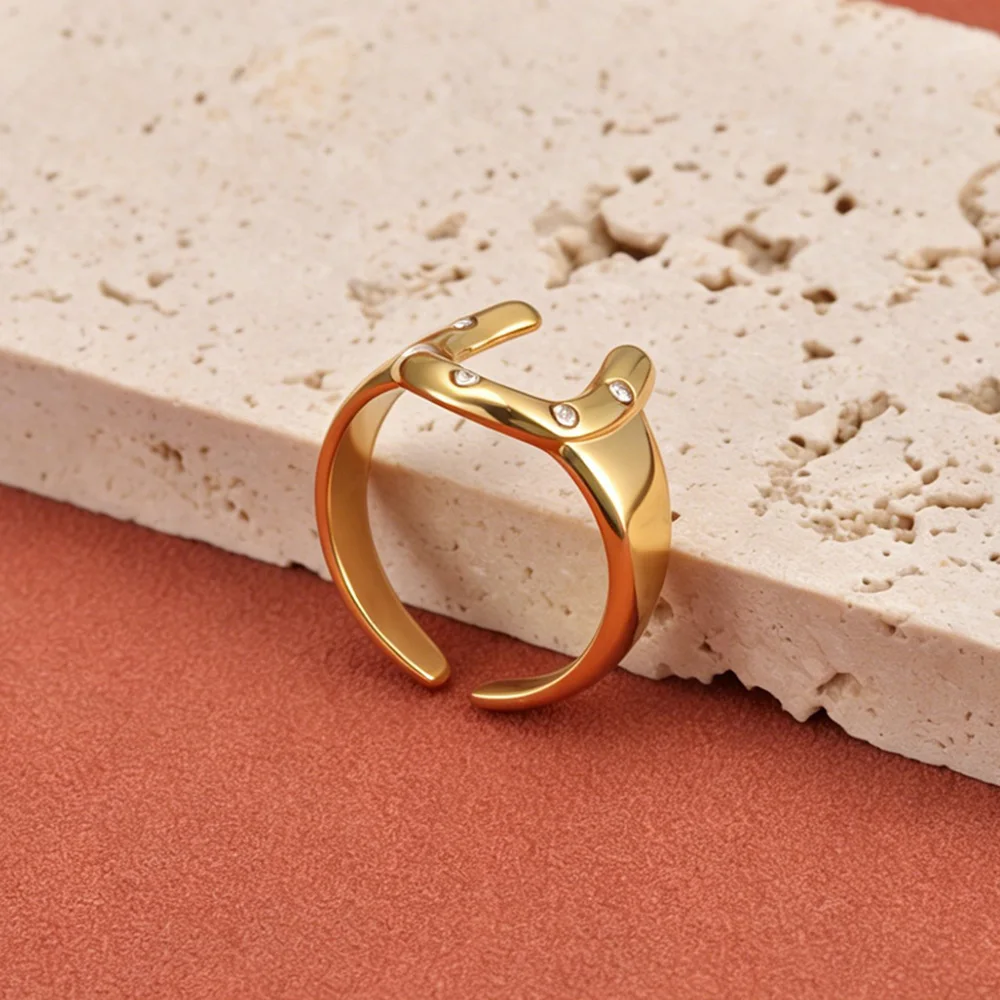 Lokaer 316L Stainless Steel Rhinestone Horseshoe U-shaped Open Ring Waterproof 18K Gold Color Plated Women's Jewelry Gift R26032