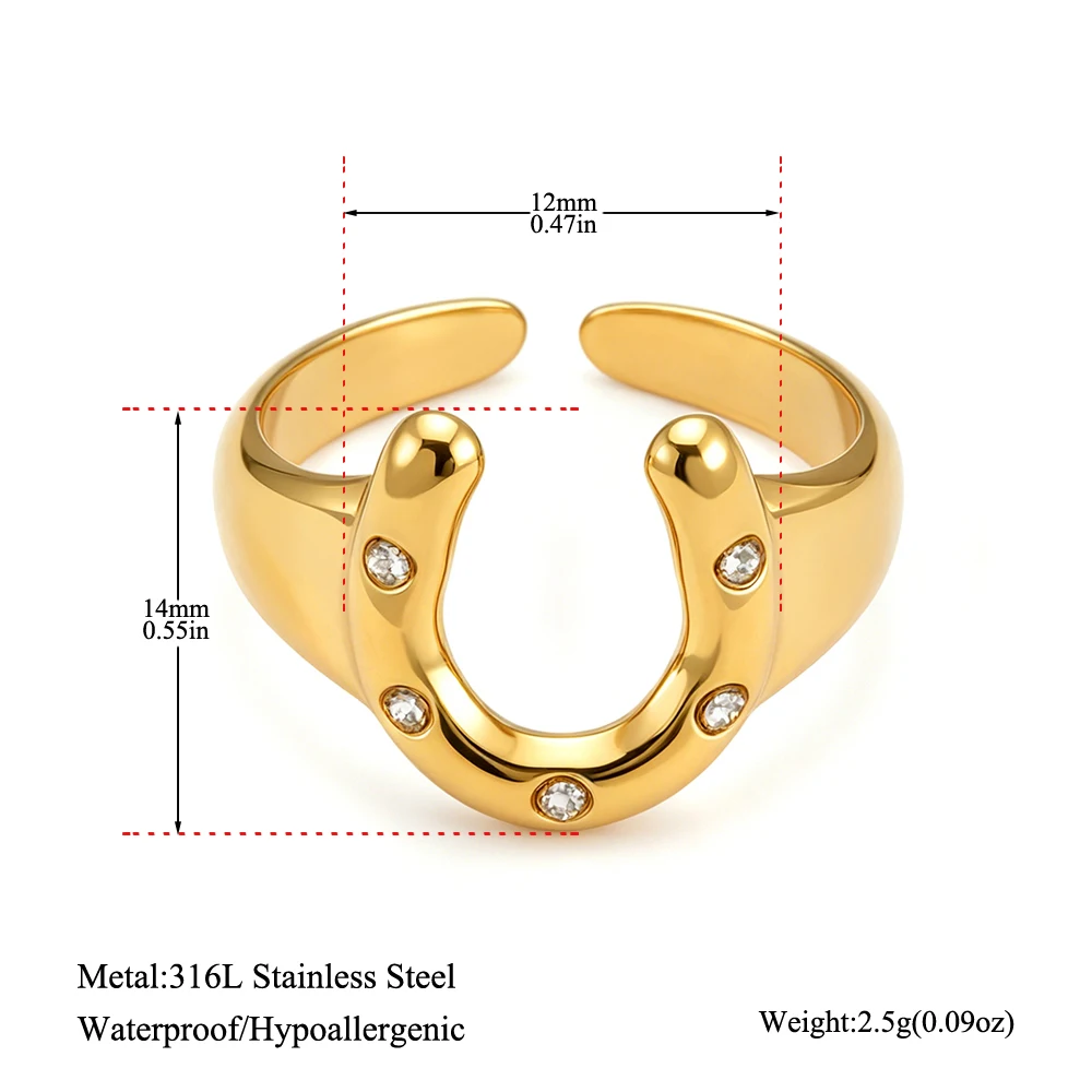 Lokaer 316L Stainless Steel Rhinestone Horseshoe U-shaped Open Ring Waterproof 18K Gold Color Plated Women's Jewelry Gift R26032