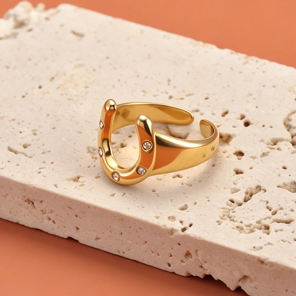 Lokaer 316L Stainless Steel Rhinestone Horseshoe U-shaped Open Ring Waterproof 18K Gold Color Plated Women's Jewelry Gift R26032