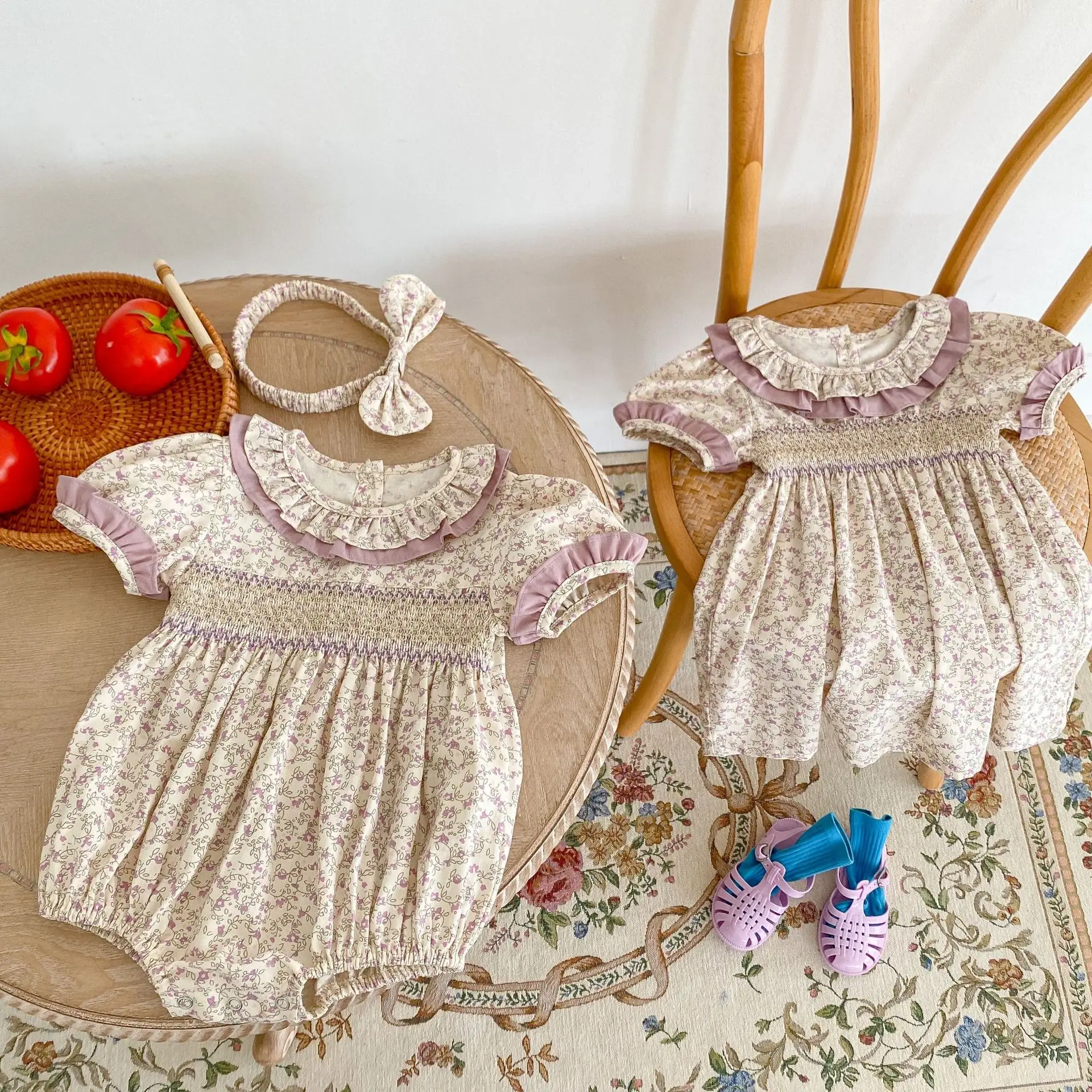 New Summer Baby Girl Clothes Short Sleeve Lace Flower Girls Dress Cotton Baby Romper Princess Dress Famil Matching Sister Outfit