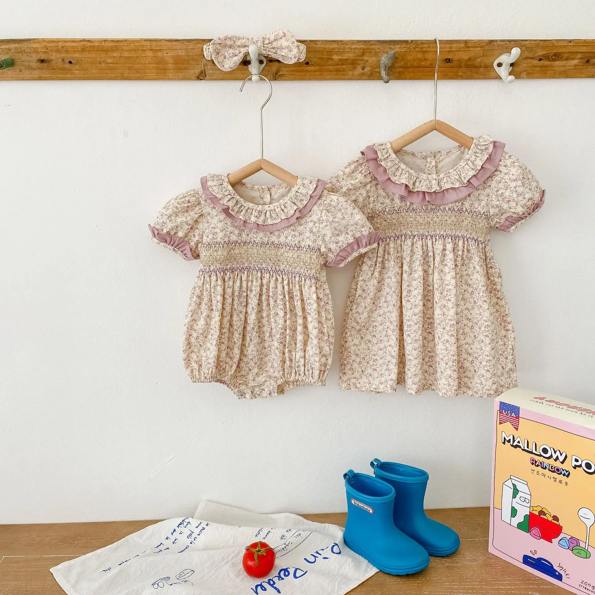 New Summer Baby Girl Clothes Short Sleeve Lace Flower Girls Dress Cotton Baby Romper Princess Dress Famil Matching Sister Outfit