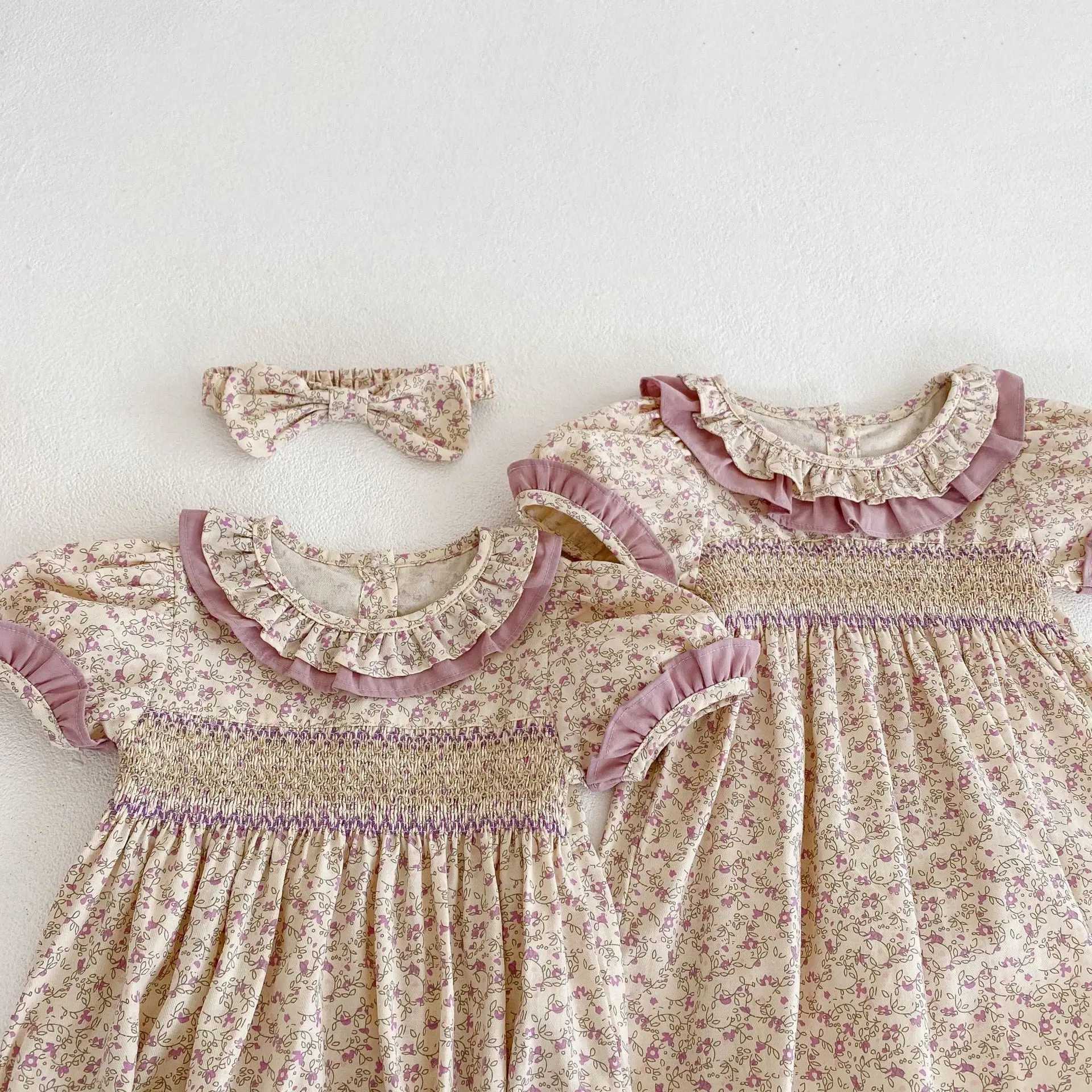 New Summer Baby Girl Clothes Short Sleeve Lace Flower Girls Dress Cotton Baby Romper Princess Dress Famil Matching Sister Outfit