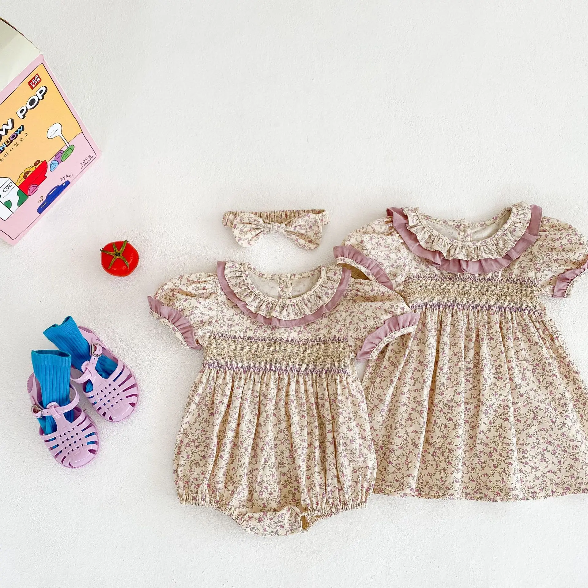 New Summer Baby Girl Clothes Short Sleeve Lace Flower Girls Dress Cotton Baby Romper Princess Dress Famil Matching Sister Outfit