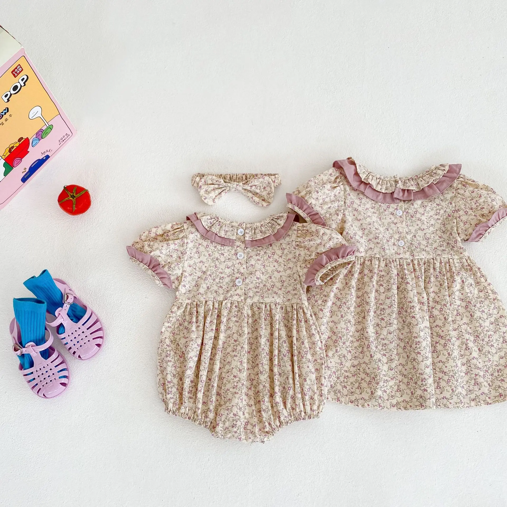 New Summer Baby Girl Clothes Short Sleeve Lace Flower Girls Dress Cotton Baby Romper Princess Dress Famil Matching Sister Outfit