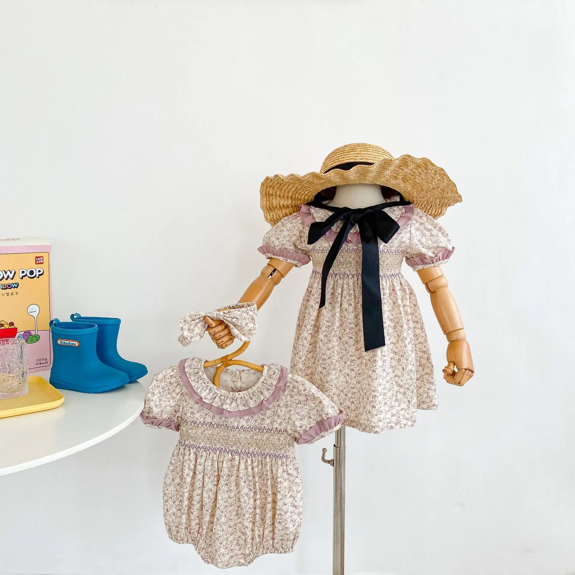 New Summer Baby Girl Clothes Short Sleeve Lace Flower Girls Dress Cotton Baby Romper Princess Dress Famil Matching Sister Outfit