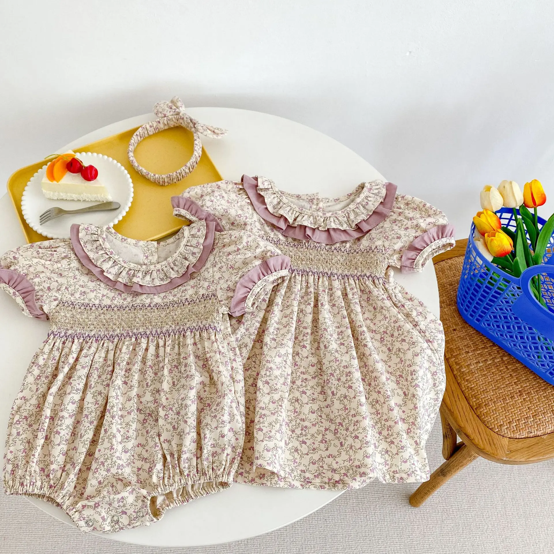 New Summer Baby Girl Clothes Short Sleeve Lace Flower Girls Dress Cotton Baby Romper Princess Dress Famil Matching Sister Outfit