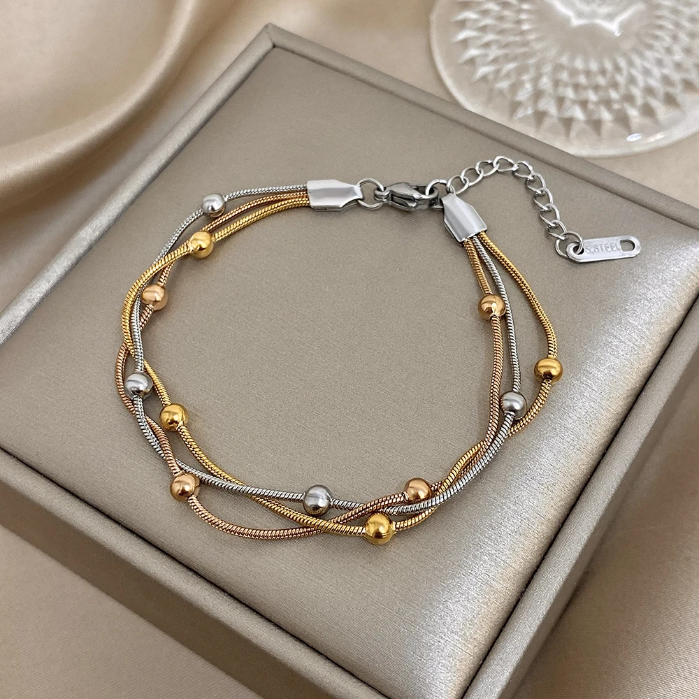 Stylish Gold Silver Color Stainless Steel Adjustable Bracelet for Women Elegant Multilayer Wrap Beaded Bracelets Party Jewelry