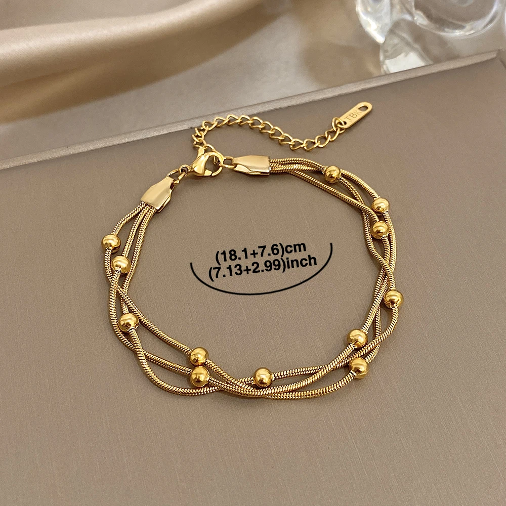 Stylish Gold Silver Color Stainless Steel Adjustable Bracelet for Women Elegant Multilayer Wrap Beaded Bracelets Party Jewelry