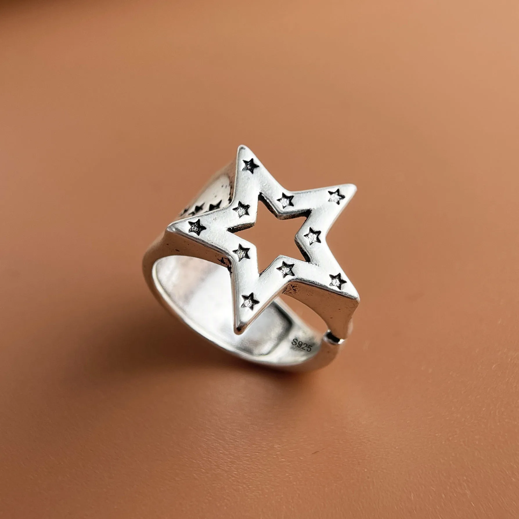 925 Sterling Silver Rings for Women Couple Minimalist Handmade Simple Retro Big Star Ring Fine Jewelry Gift Prevent Allergy