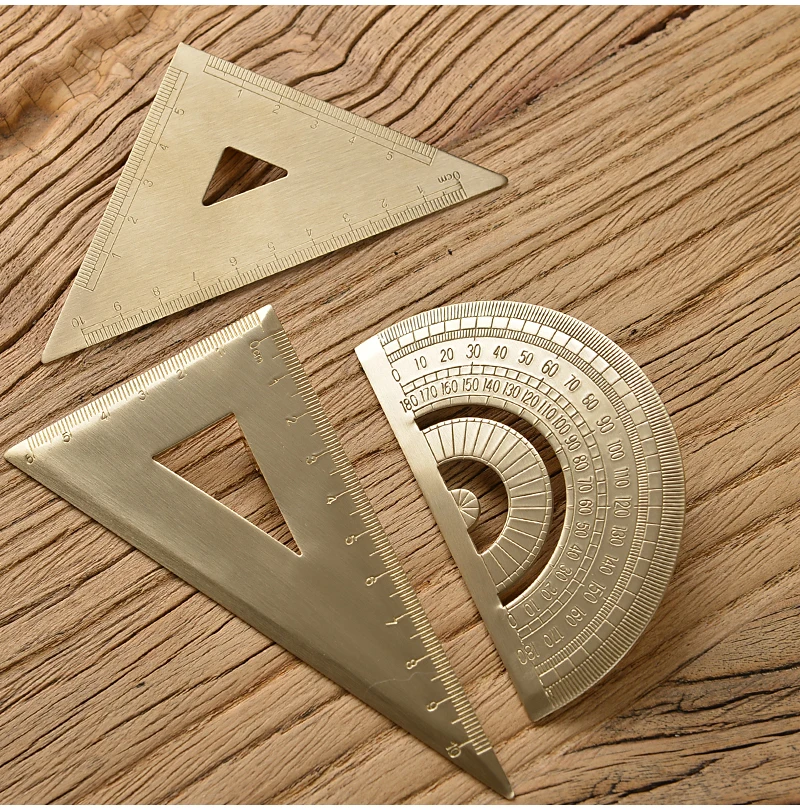 Retro Brass Straight Rulers Centimeter Inches Metal Triangle Ruler Protractor Stationery Measuring Tool School Office Supplies