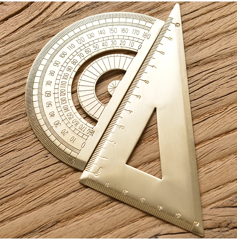 Retro Brass Straight Rulers Centimeter Inches Metal Triangle Ruler Protractor Stationery Measuring Tool School Office Supplies