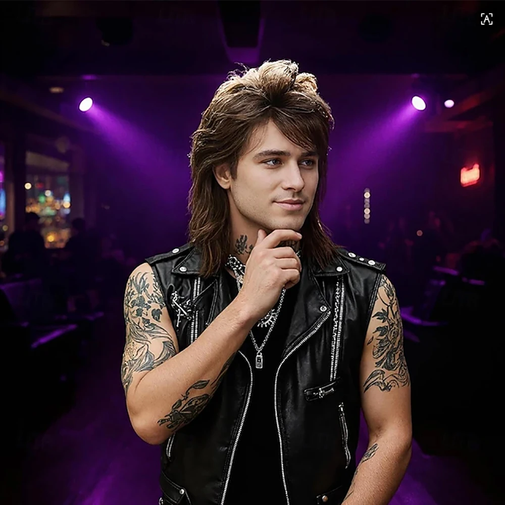 Synthetic Hair Men's 80s Rock Mullet Wig Brown Retro Hairstyle for Cosplay Party Vintage Fashion