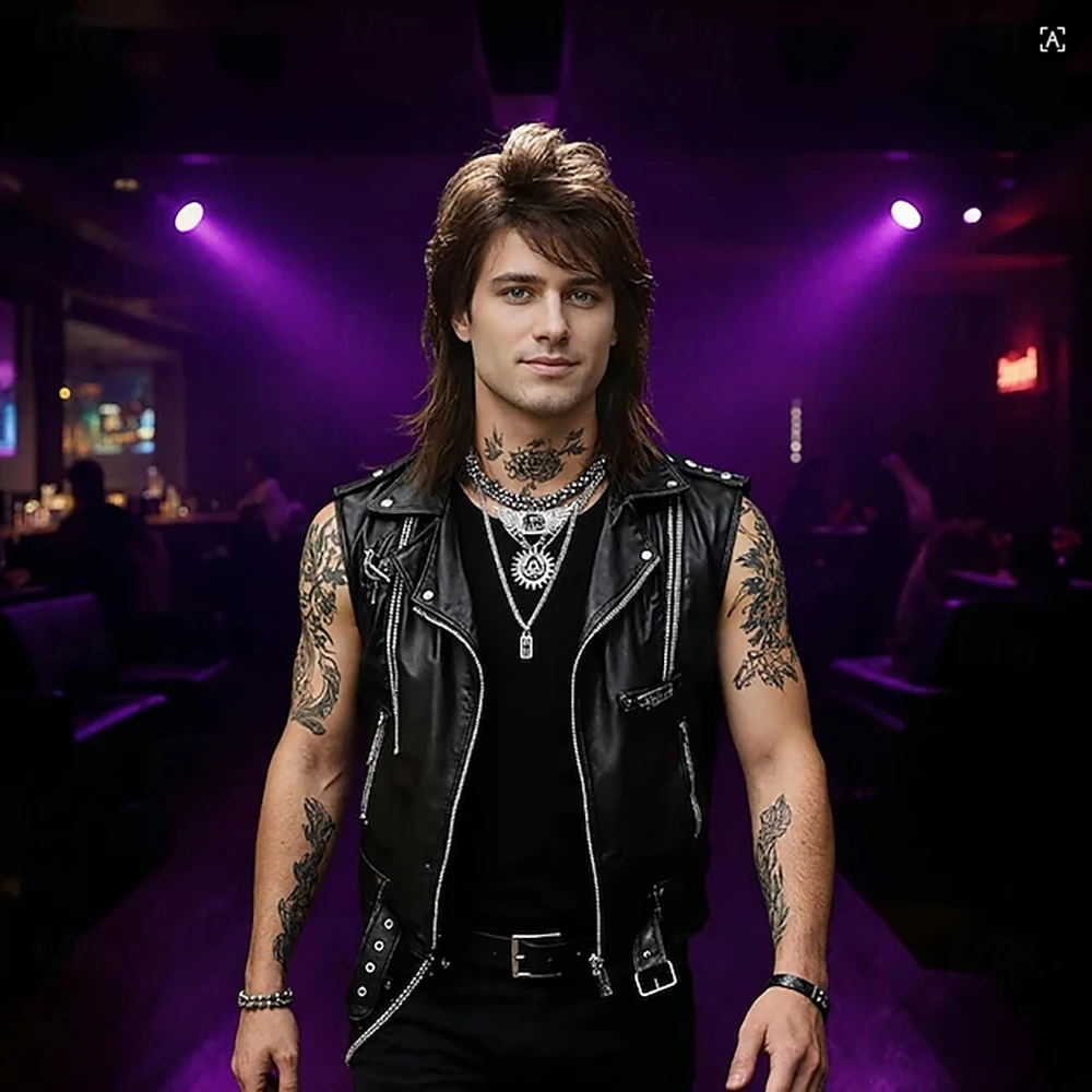 Synthetic Hair Men's 80s Rock Mullet Wig Brown Retro Hairstyle for Cosplay Party Vintage Fashion