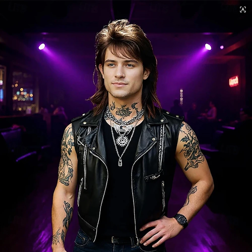 Synthetic Hair Men's 80s Rock Mullet Wig Brown Retro Hairstyle for Cosplay Party Vintage Fashion