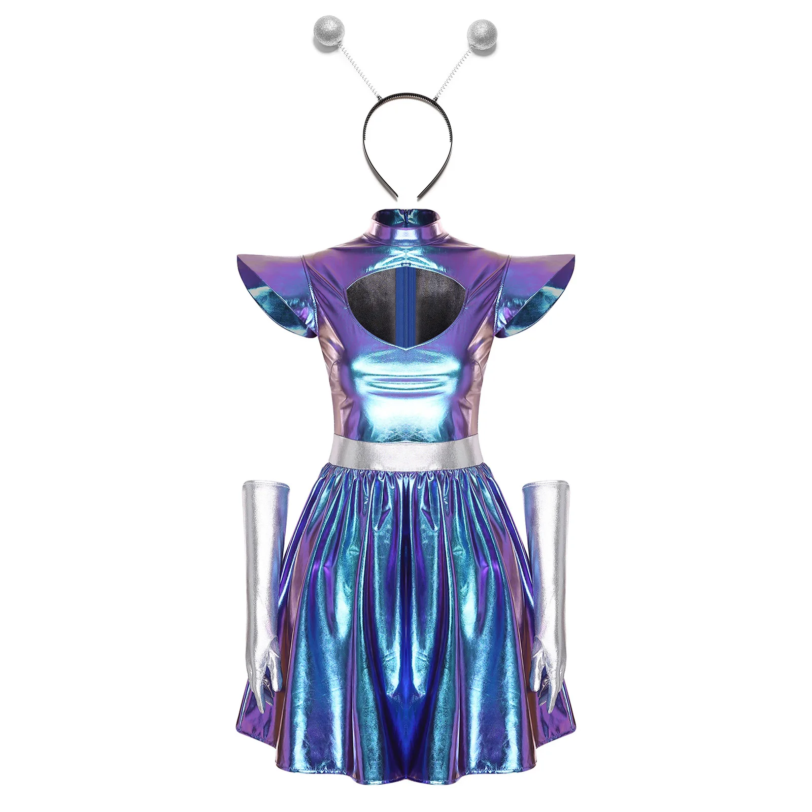 Adult Women Silver Astronaut Costume Alien Tutu Dress Suit Space Cadet Leotards Dress for Halloween Cosplay Theme Party Dress-up