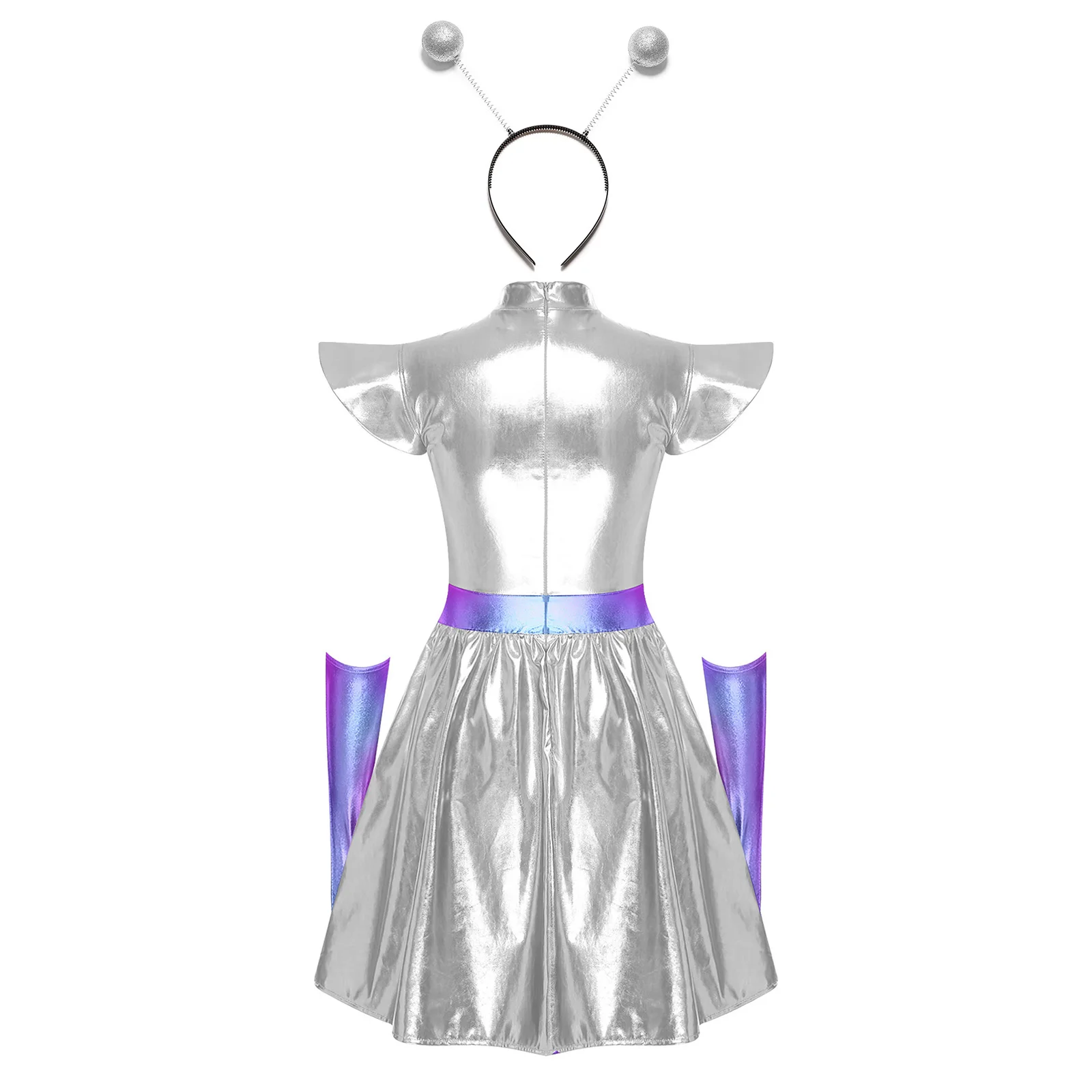 Adult Women Silver Astronaut Costume Alien Tutu Dress Suit Space Cadet Leotards Dress for Halloween Cosplay Theme Party Dress-up