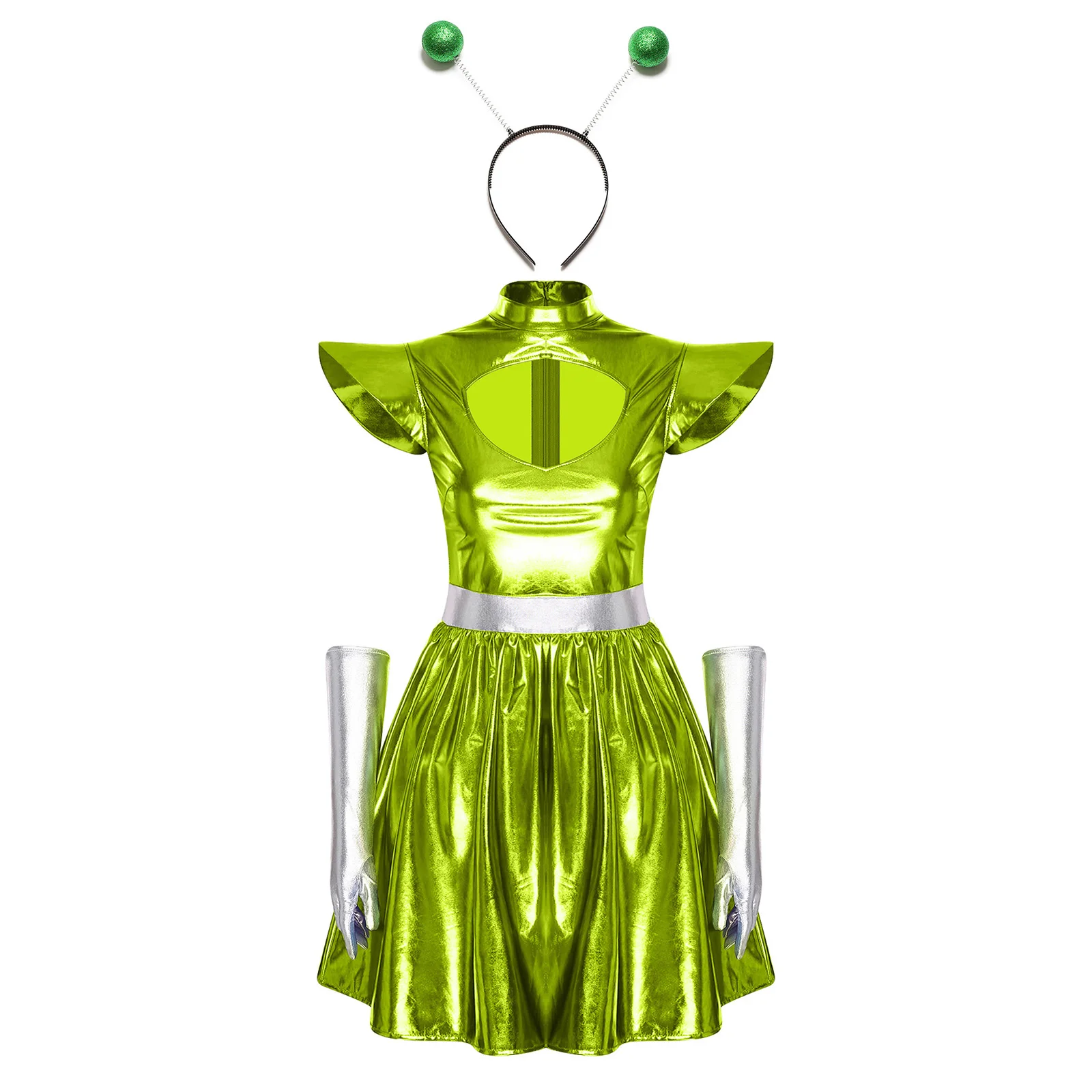 Adult Women Silver Astronaut Costume Alien Tutu Dress Suit Space Cadet Leotards Dress for Halloween Cosplay Theme Party Dress-up