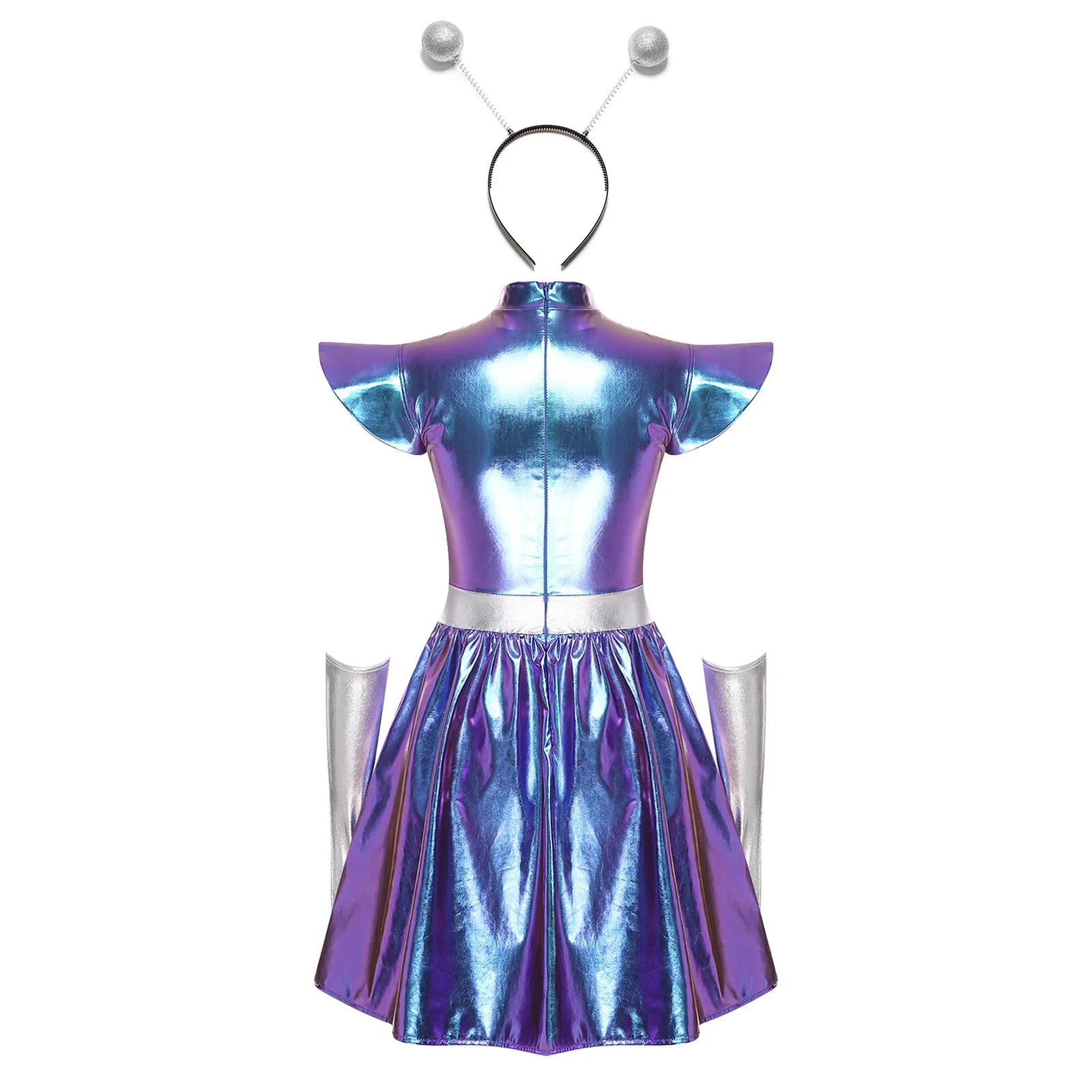 Adult Women Silver Astronaut Costume Alien Tutu Dress Suit Space Cadet Leotards Dress for Halloween Cosplay Theme Party Dress-up
