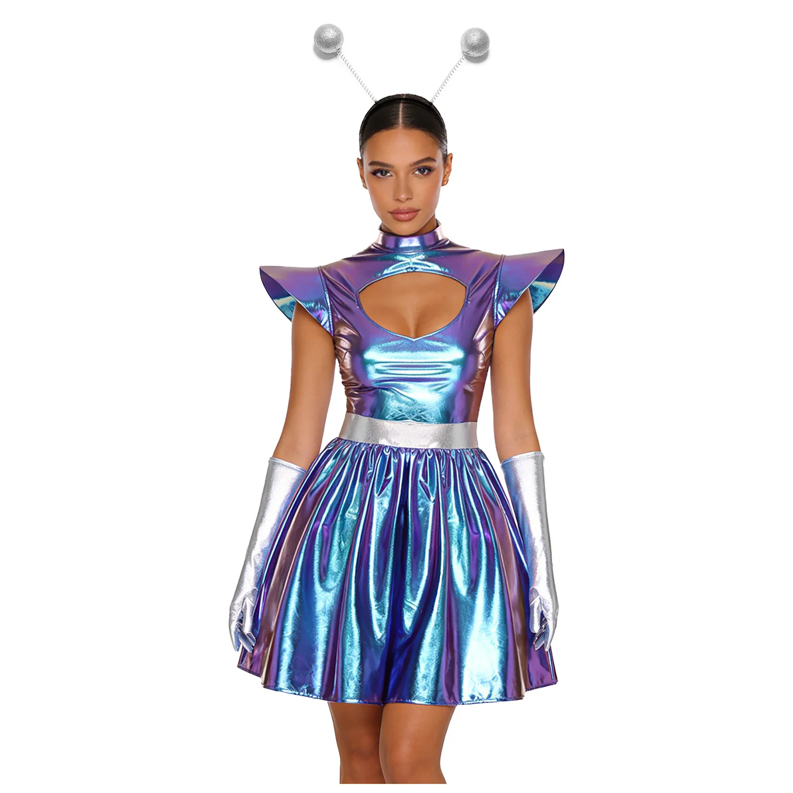 Adult Women Silver Astronaut Costume Alien Tutu Dress Suit Space Cadet Leotards Dress for Halloween Cosplay Theme Party Dress-up