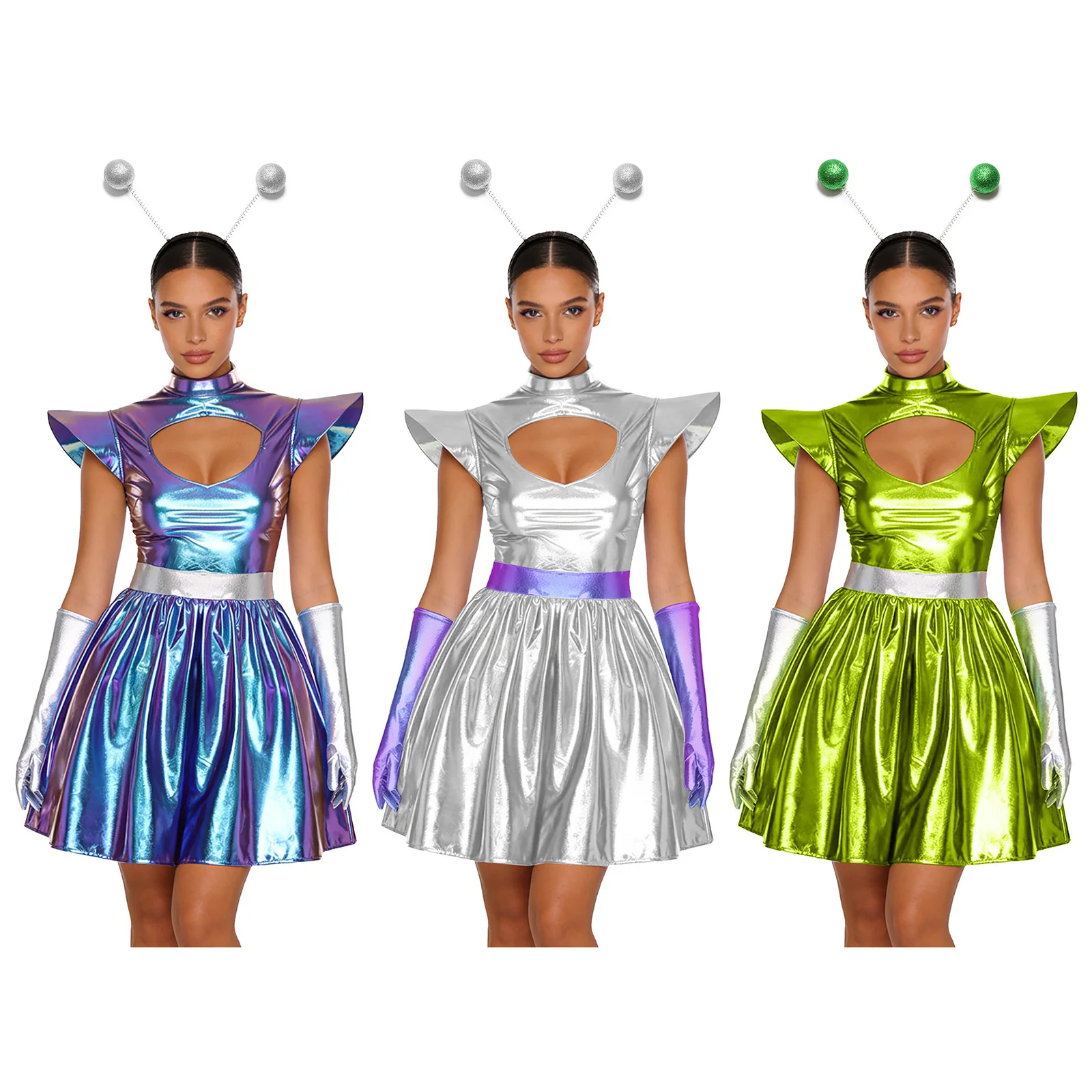 Adult Women Silver Astronaut Costume Alien Tutu Dress Suit Space Cadet Leotards Dress for Halloween Cosplay Theme Party Dress-up